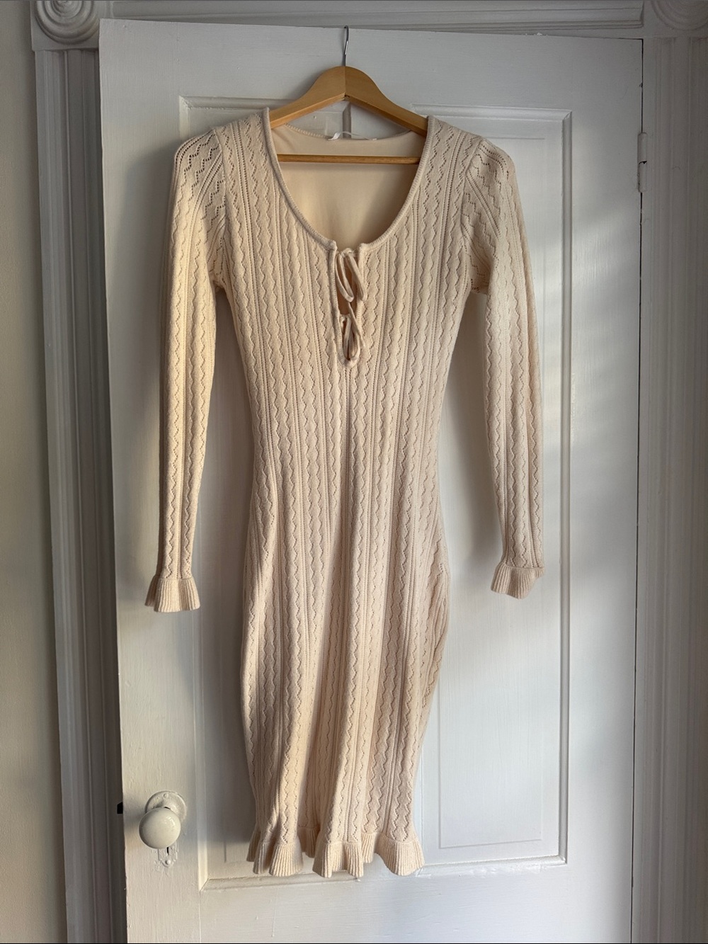 Cream Knit Tie-Front Midi Dress with Fluted Hem